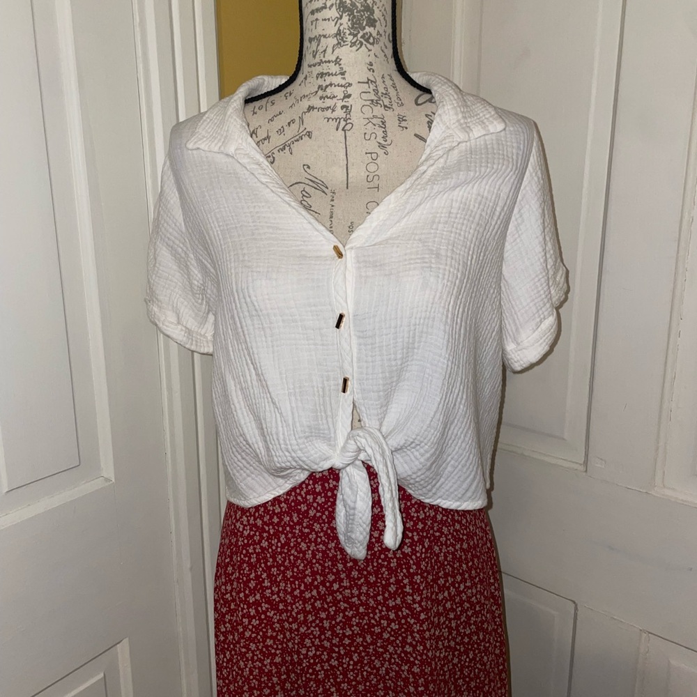 White Button-Down Tie-Front Crop Top